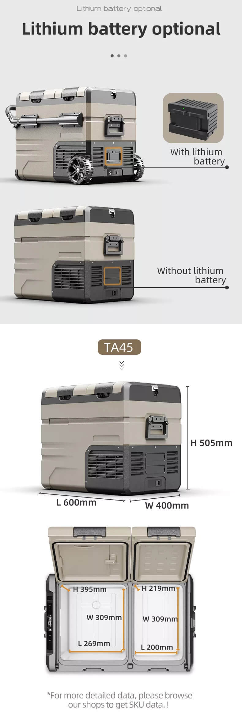 Alpicool TAW45 Portable Dual Zone Camping Car Fridge With Removable Batteries On Wheels 7